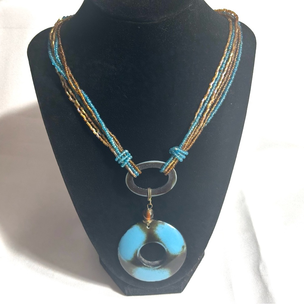 Turquoise Blue & Amber Brown Boho Seed Bead Pendant Statement Necklace